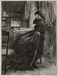 Oikeudenkäyntisaarna: Joanna Douglas pöytänsä ääressä, 1862.