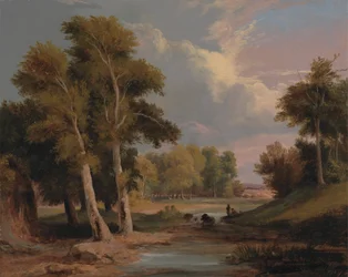Metsäinen jokimaisema kalastajien kanssa