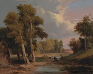 Metsäinen jokimaisema kalastajien kanssa