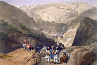 Ensimmäinen laskeutuminen Koojahin solan läpi, kirjasta "Sketches in Afghaunistan", kaiverrus Charles Haghe (1810-88) ja Louis Haghe (1806-85), julkaisija Henry Graves, 1842