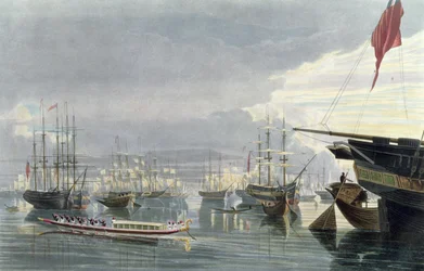 Näkymä joelle, merenkulkuun ja Kalkutan kaupunkiin, lähellä Smiths Dockia, 1837, kaiverrus Robert Havell Nuorempi (1793-1878) (akvatinta)