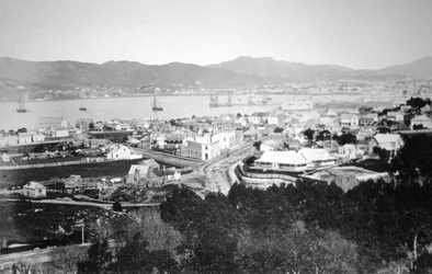 Lambton Harbor ja Queens Wharf, Wellington, Uusi-Seelanti, 1870