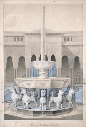 Fountain in the Court of the Lions, Alhambra, Arabian Antiquities of Spain, julkaistu 1815 (käsinvärinen kaiverrus)