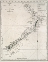 Uuden-Seelannin kartta, jonka Hänen Majesteettinsa laivan Endeavourin komentaja luutnantti J. Cook tutki vuosina 1769 ja 1770.