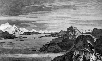 Näkymä Christmas Soundista, Tierra del Fuego, piirustus William Hodges, kaiverrus William Watts, kuvitus Matkasta etelänavalle, ja Round World, James Cook (1728-1779), painos julkaistiin Pariisissa vuonna 1778
