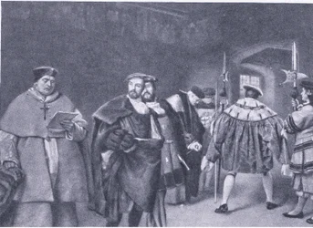 Kuningas Henry VIII:n kardinaali Wolseyn erottaminen, Waverley Book Companyn julkaisemasta Cassells History of the British People -julkaisusta, noin 1950-luku