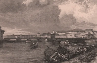Näkymä Arno-joelle Pisassa, Toscanassa, Italiassa, Thomas Highamin (1796-1844) teräskaiverrus James Duffield Hardingin (1798-1863) piirtämänä