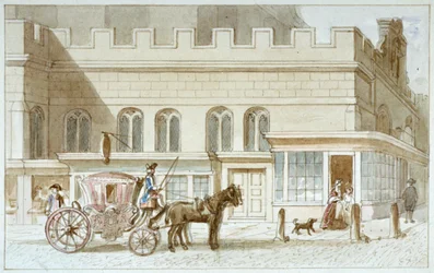 St Dunstan-in-the-Westin myymälät, Fleet Street, Lontoo, 1820
