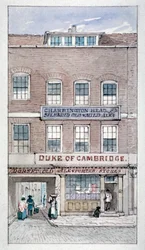 Näkymä Duke of Cambridgen tavernasta, Shoe Lane, Lontoon kaupunki, vuosi 1840.