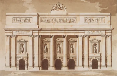 Dublinin parlamenttitalon länsirintaman korkeus, n. 1787 (kynä ja sivellin ruskealla musteella ja wc asetetulla paperilla)