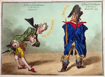 Ranskalainen herrasmies Ludvig XVI:n hovista ja ranskalainen herrasmies Egaliten hovista, julkaistu vuonna 1799 (käsin väritetty etsaus).