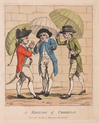 Sateenvarjojen kokous, pubi. 1782 (käsinvärinen kaiverrus)