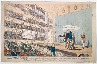 Toimivia tuomarit sitoutuvat olemaan heidän ensimmäinen esiintymisensä National Theatre Covent Gardenissa, julkaistu vuonna 1809 (käsinvärinen etsaus)