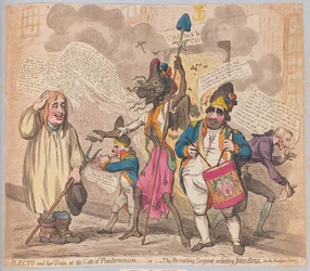 Alecto ja hänen junansa Pandaemoniumin portilla tai The Recruiting Sarjeant värväämässä John Bullin Revolution Servicen pubiin. (käsinvärinen kaiverrus)