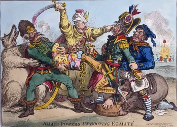 Liittoutuneet vallat purkavat Egalitea, Hannah Humphreyn julkaisema 1799 (käsinväritetty etsaus).