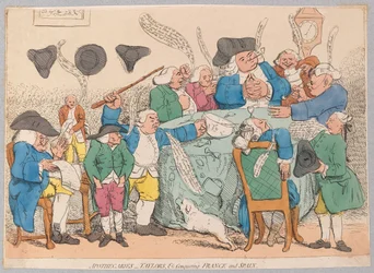 Apteekkarit, Taylorit jne. valloittavat Ranskan ja Espanjan, pub. 1779 (käsin väritetty kaiverrus).