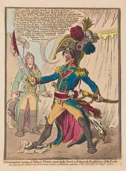 Bonaparten kuuleva Nelsons Victory vannoo miekkansa kautta hävittääkseen englantilaiset maapallolta, pubi. 1798 (käsinvärinen kaiverrus)