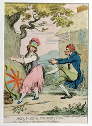 Hannah Humphreyn vuonna 1793 julkaisema Britannia ranskalaisiksi jäädäksi tai muotoiltu uudelleen perustuslain kustannuksella (käsinvärinen etsaus)