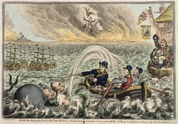 British Tars hinaamassa Tanskan laivastoa satamaan, tai The Broadbottom Leviathan, joka yrittää suistaa Billyn vanhan veneen, ja pieni korsikalainen, joka horjuu kunnianhimo pilvissä, 1807 (käsinvärinen etsaus)