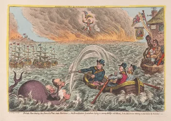 British Tars hinaamassa Tanskan laivastoa satamaan: leveäpohjainen Leviathan yrittää suistaa Billysin vanhan veneen ja pieni korsikalainen, joka horjuu Clouds of Ambitionissa, pubi. 1807 (käsinvärinen engra