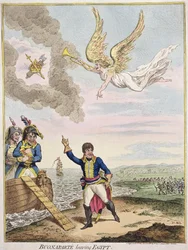 Buonaparte lähtee Egyptistä, julkaissut Hannah Humphrey vuonna 1800 (käsinvärinen etsaus)