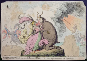 Äskettäin Walesin vuorella nähdyt lumoukset tai Shon-ap-Morganin sovinto keijuprinsessalle, Hannah Humphreyn vuonna 1796 julkaisema (käsinvärinen etsaus)
