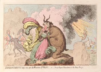 Viime aikoina Walesin vuoristossa nähty lumous tai Shon-ap Morgans Reconcilement to the Fairy Princess, pubi. 1796 (käsinvärinen kaiverrus)