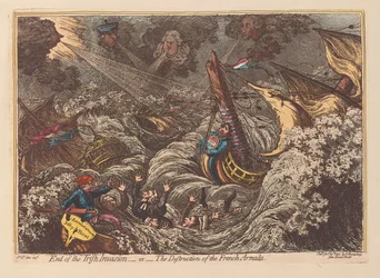 Irlannin hyökkäyksen loppu tai Ranskan Armadan tuho, pubi. 1797 (käsinvärinen kaiverrus)