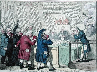 Todisteita luonteeseen: oleminen, petturin muotokuva, hänen ystäviensä ja itsensä kirjoittama, J. Wrightin "Anti-Jacobin Review" -julkaisua varten vuonna 1798 (käsinvärinen etsaus)