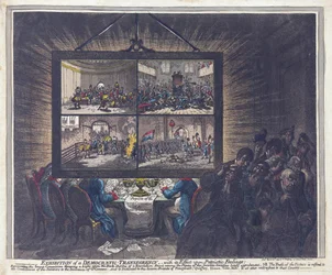 Näyttely demokraattisesta avoimuudesta ja sen vaikutuksista isänmaallisiin tunteisiin, pub. 1799 (käsinvärinen kaiverrus)