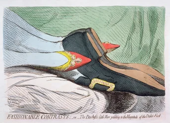 Fashionable Contrasts, eli Herttuattaren pieni kenkä, joka antaa periksi herttuan jalan suuruudelle, julkaisi Hannah Humphrey vuonna 1792 (etsaus wc:llä)
