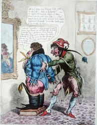 Ranskalainen Taylor sovittaa John Bullille Jean de Bryn, julkaisi Hannah Humphrey vuonna 1799 (käsinvärinen etsaus)