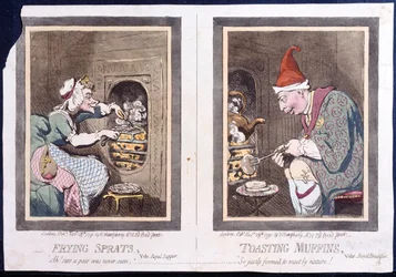 Hannah Humphreyn vuonna 1791 julkaisema Frying Sprats eli Royal Supper ja Toasting Muffins tai Royal Breakfast (käsinvärinen etsaus)
