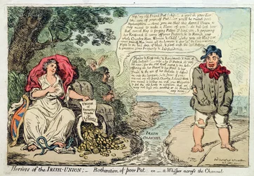 Irlannin unionin kauhut: Köyhän Patin vaivautuminen eli kuiskaus kanavan yli, julkaissut Hannah Humphrey vuonna 1798 (käsinvärinen etsaus)