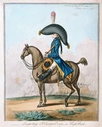 Inspecting a Volunteer Corps in Hyde Park, julkaisija Hannah Humphrey vuonna 1803 (käsinvärinen etsaus)