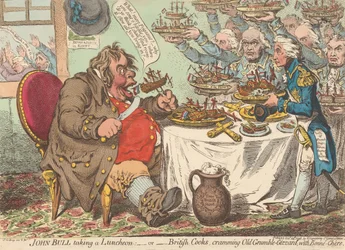 John Bull lounastamassa; - eli - brittiläiset kokit ahtavat vanhan Murinamahdun täyteen hyvää ruokaa (teoksesta: Karikatyyri, osa 1)