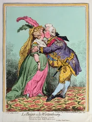Le Baiser a la Wirtembourg, julkaissut Hannah Humphrey vuonna 1797 (käsinvärinen etsaus)