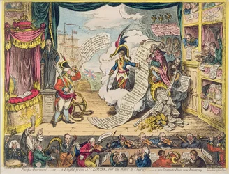 Pacific-Overtures eli Lento St. Cloudsista "veden yli Charleyyn" - uusi dramaattinen rauha, nyt harjoituksissa, julkaisi Hannah Humphrey vuonna 1806 (käsinvärinen etsaus)