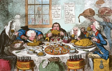 Substitutes for Bread, or Right Honourables Saving the Loaves  Dividing the Fishes, julkaissut Hannah Humphrey vuonna 1795 (käsin väritetty etsaus).