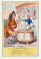 "The British Butcher supplying John Bull with a substitute for bread", 1795.