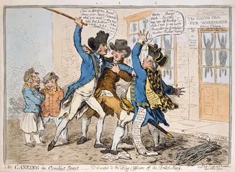 The Caneing in Conduit Street, julkaisija Hannah Humphrey, 1796 (käsinvärinen etsaus)