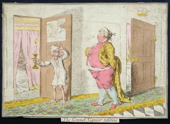 The Grand-Signior Retiring, Hannah Humphreyn julkaisema 1796 (käsin väritetty etsaus).