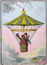 The National Parachute, tai John Bull diriged to Plenty and Emancipation, julkaisi Hannah Humphrey vuonna 1802 (käsinvärinen etsaus)
