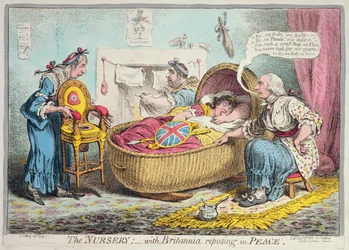 Päiväkoti! Britannia lepää rauhassa, julkaissut Hannah Humphrey vuonna 1802 (käsinvärinen etsaus)