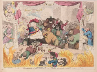 Amsterdamin antautuminen tai Brunswickin herttua vilinässä, pubi. 1787 (käsinvärinen kaiverrus)