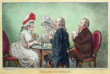 Two-Penny Whist, julkaissut Hannah Humphrey vuonna 1796 (etsaus, kaiverrus, akvatinta ja wc paperilla)
