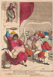 Westminster School tai tohtori Busby selvittämässä tiliä mestari Billyn ja hänen leikkikavereidensa kanssa, pubi. 1785 (käsinvärinen kaiverrus)