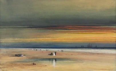 Rantakohtaus auringonlaskun aikaan, n. 1865-1870.