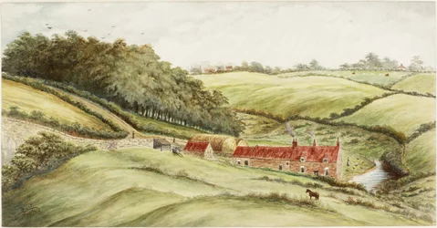 Hedworth Farm (akvarelli, vartaloväri ja kynä paperille)