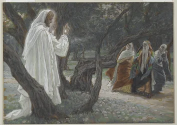 Jeesus ilmestyy pyhille naisille, esimerkki teoksesta Herramme Jeesuksen Kristuksen elämä, 1886-94 (wc grafiitin päällä paperilla)